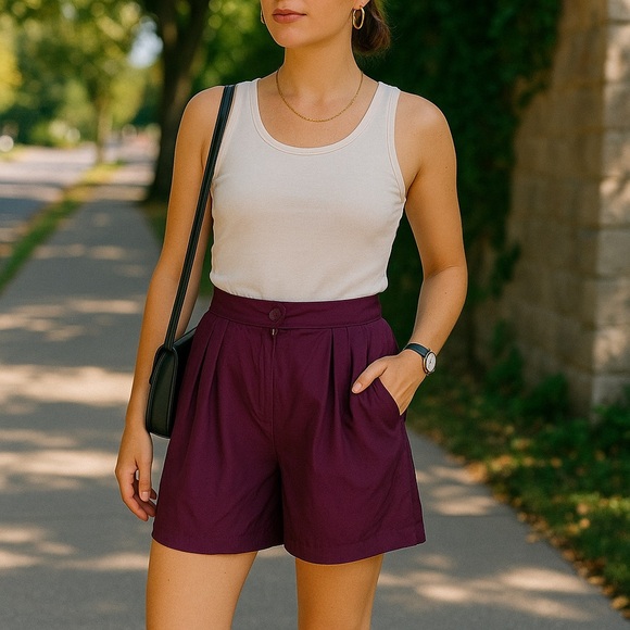 Rare Vintage 90s Silk High Waisted NWT Shorts M Purple - Picture 2 of 14